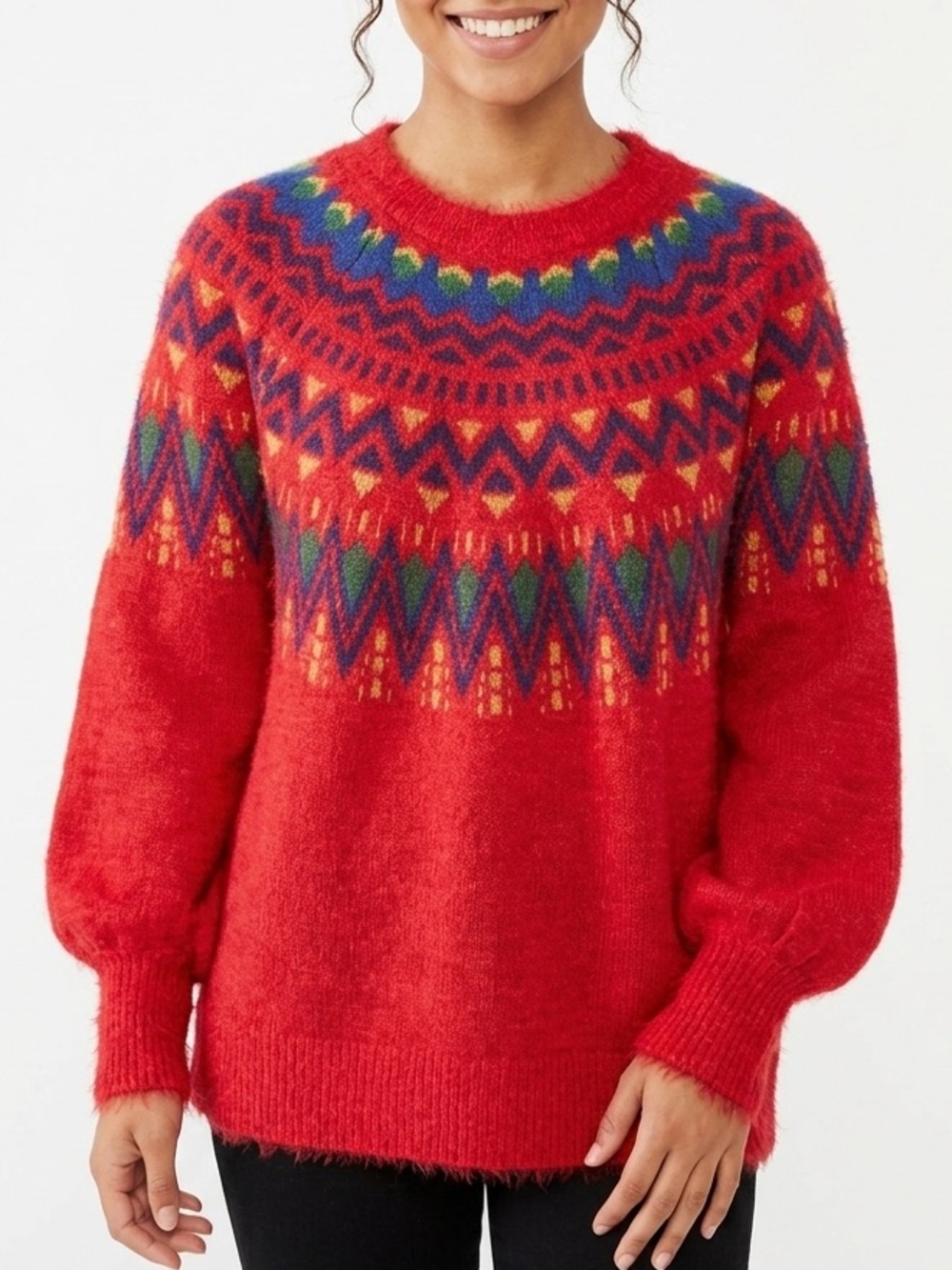 Time & Tru Sweater Womens Large Fair Isle Red Pullover Fuzzy Relaxed Long Sleeve